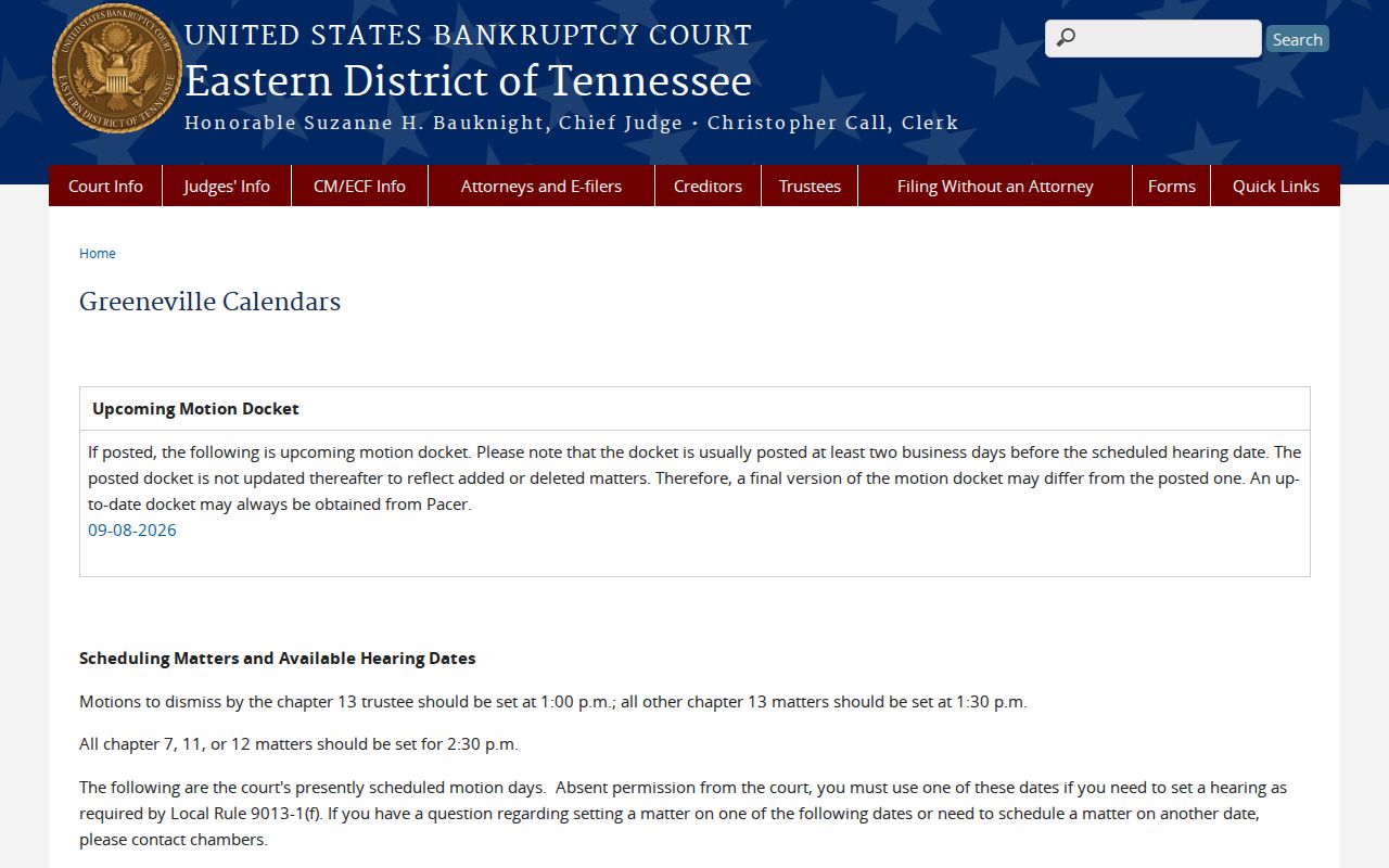 Official Greeneville bankruptcy motion calendar page