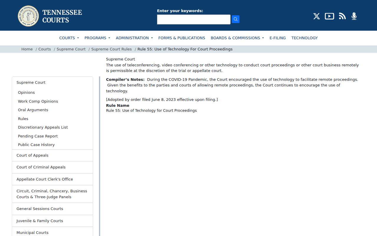 Tennessee Supreme Court Rule 55 page on remote court proceedings