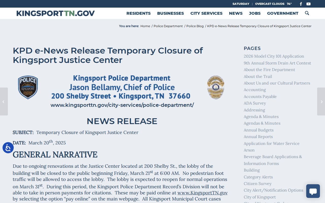 Kingsport Justice Center closure notice concerning municipal case resets