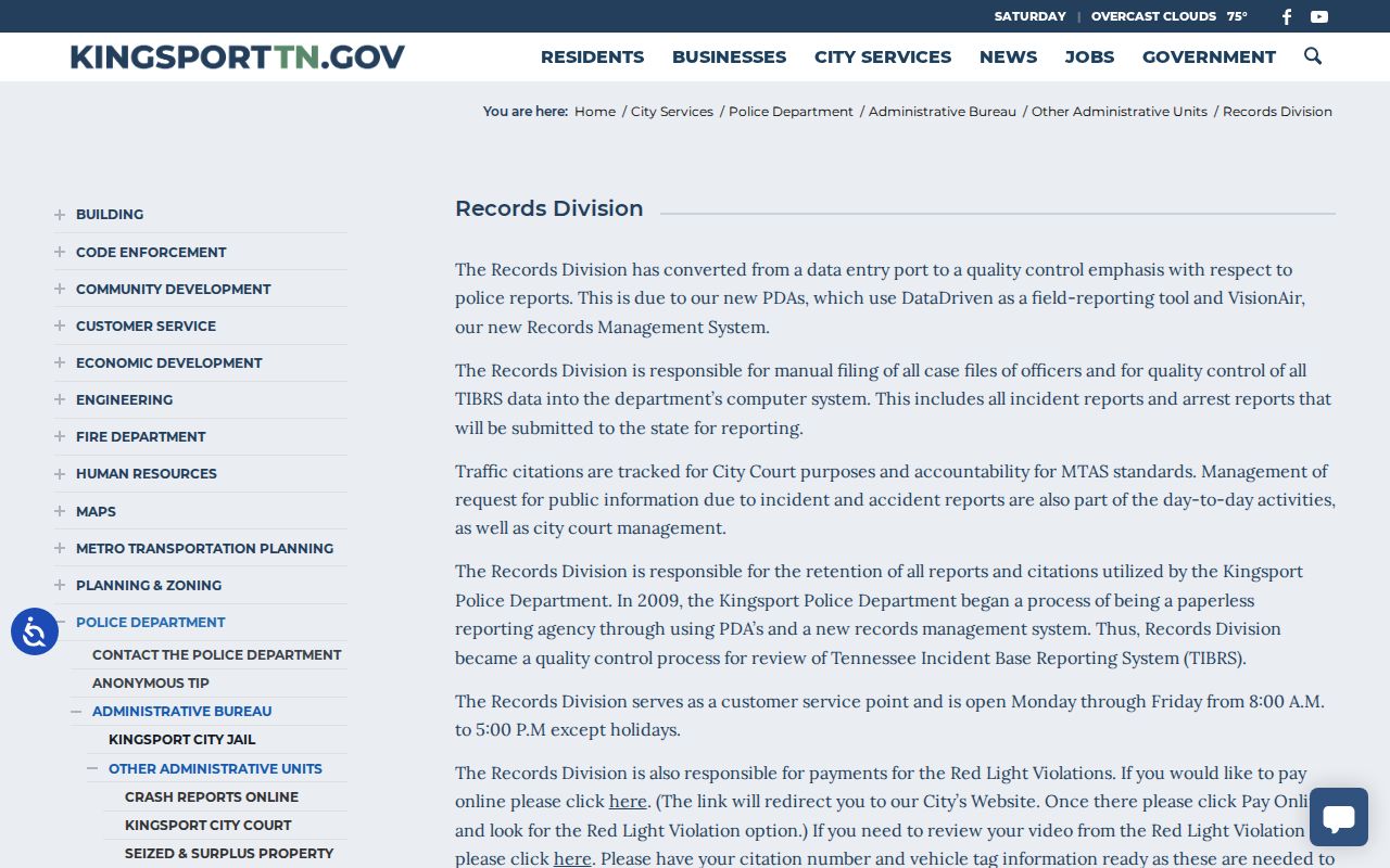 Kingsport Police Records Division public access page