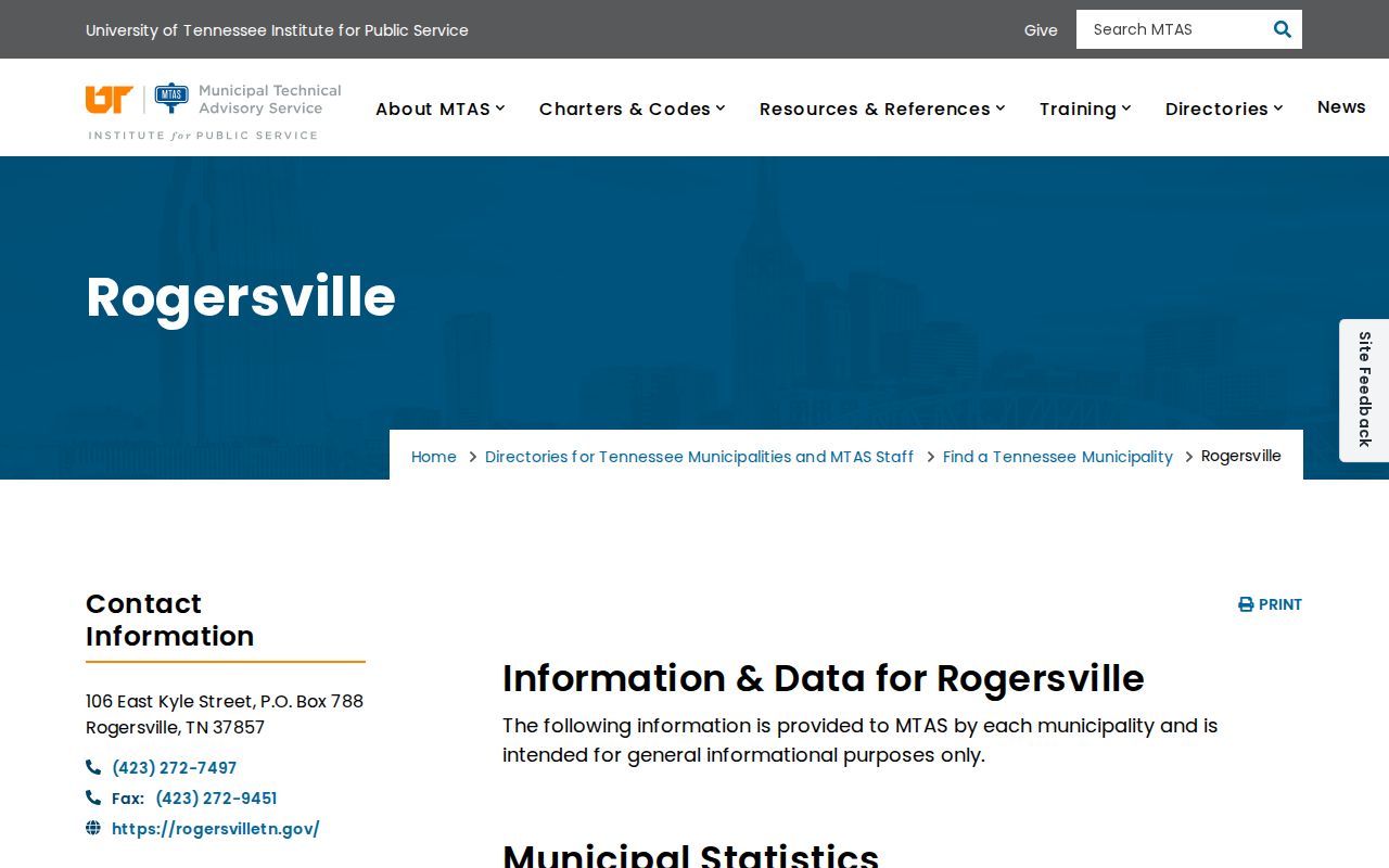 MTAS Rogersville municipal directory entry for Rogersville