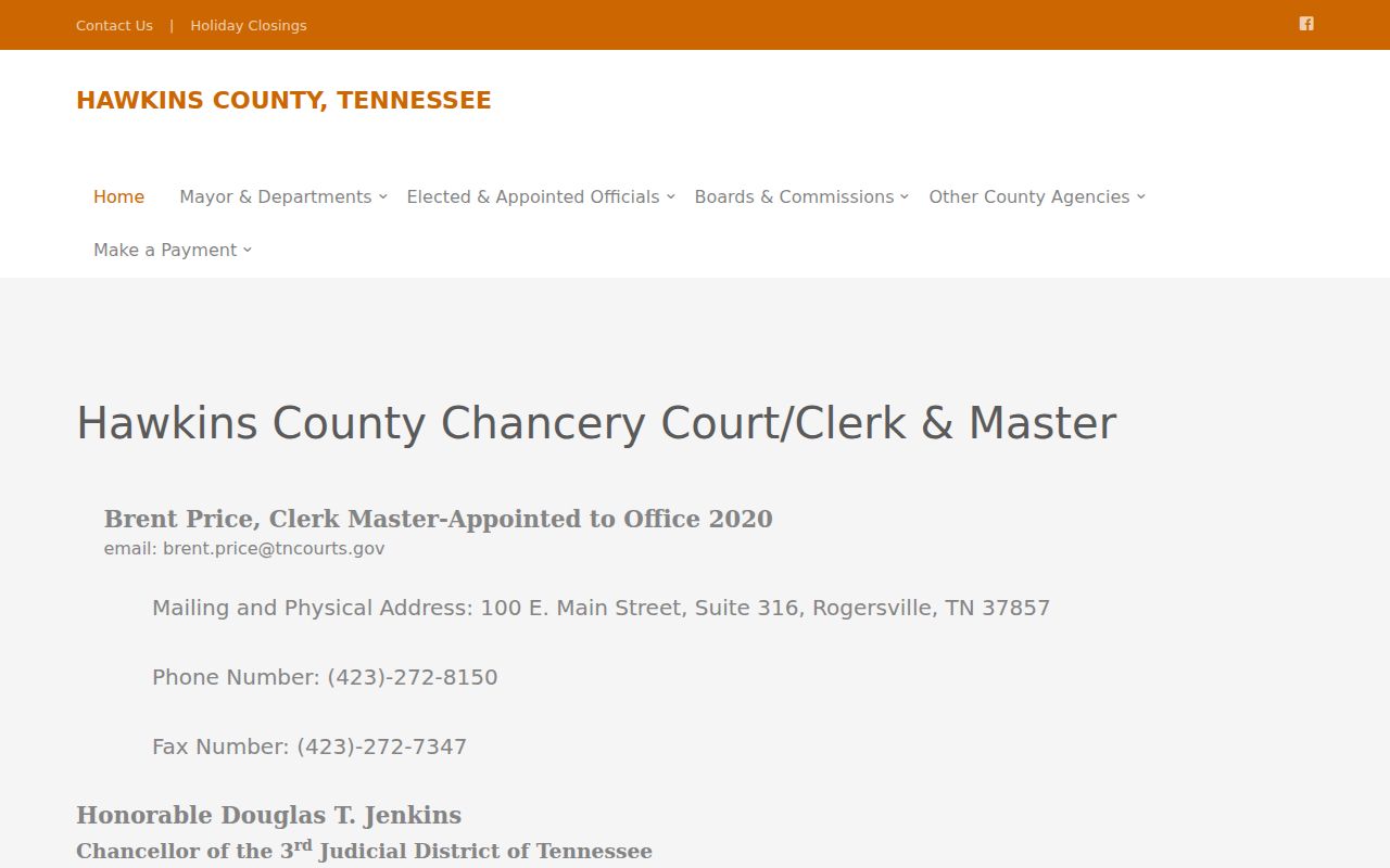 Hawkins County Chancery Court and Clerk and Master page